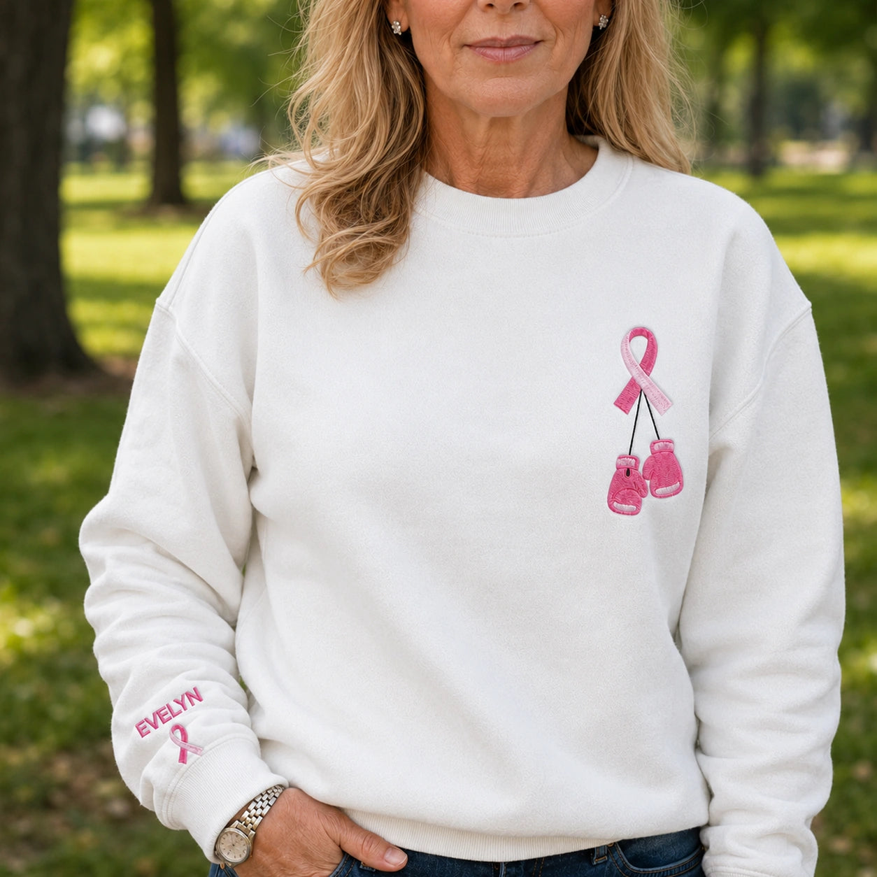 Personalized Pink Ribbon and Boxing Gloves Embroidered Unisex Crewneck Sweatshirt, Awareness Gift
