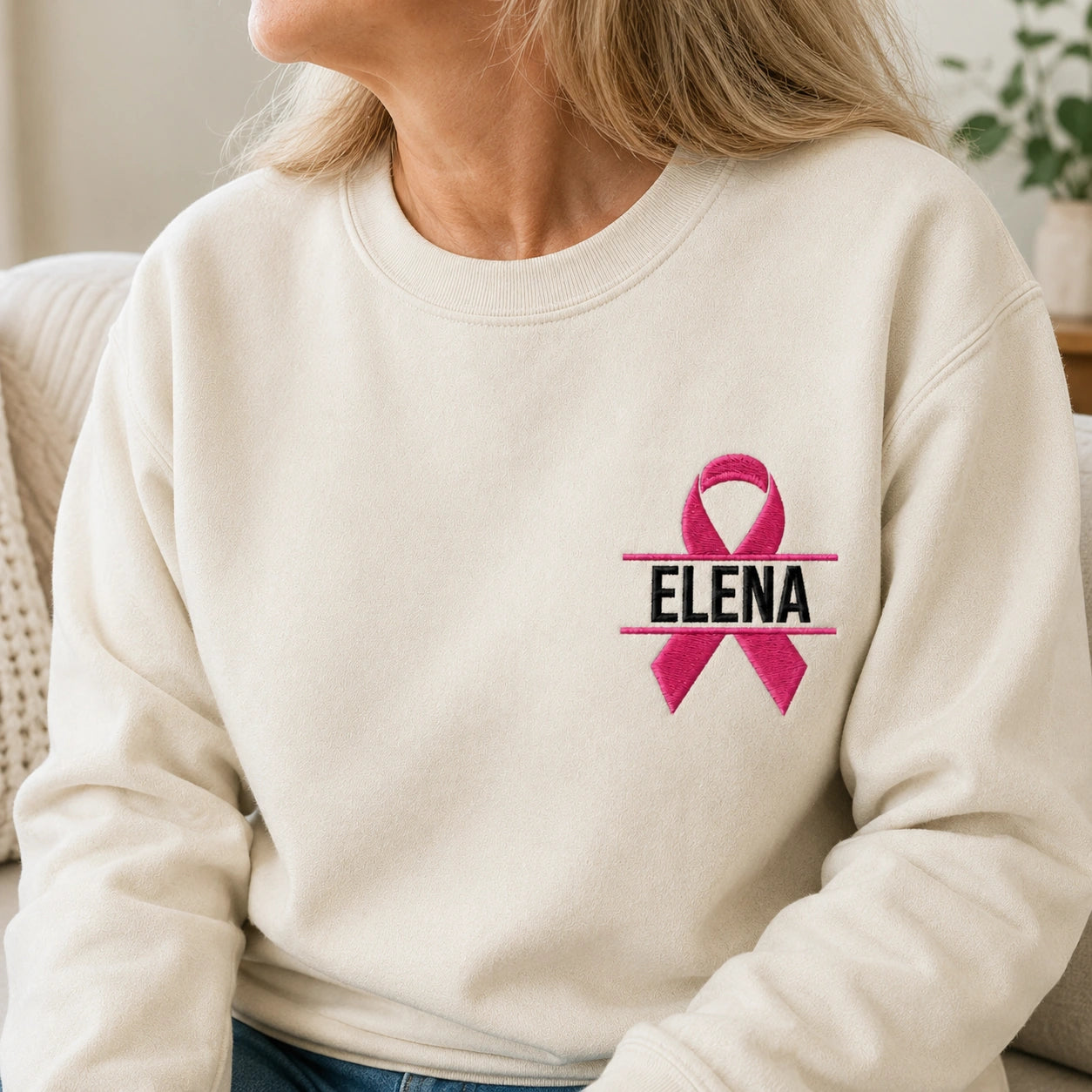 Personalized Pink Ribbon Embroidered Unisex Crewneck Sweatshirt, Awareness Gift