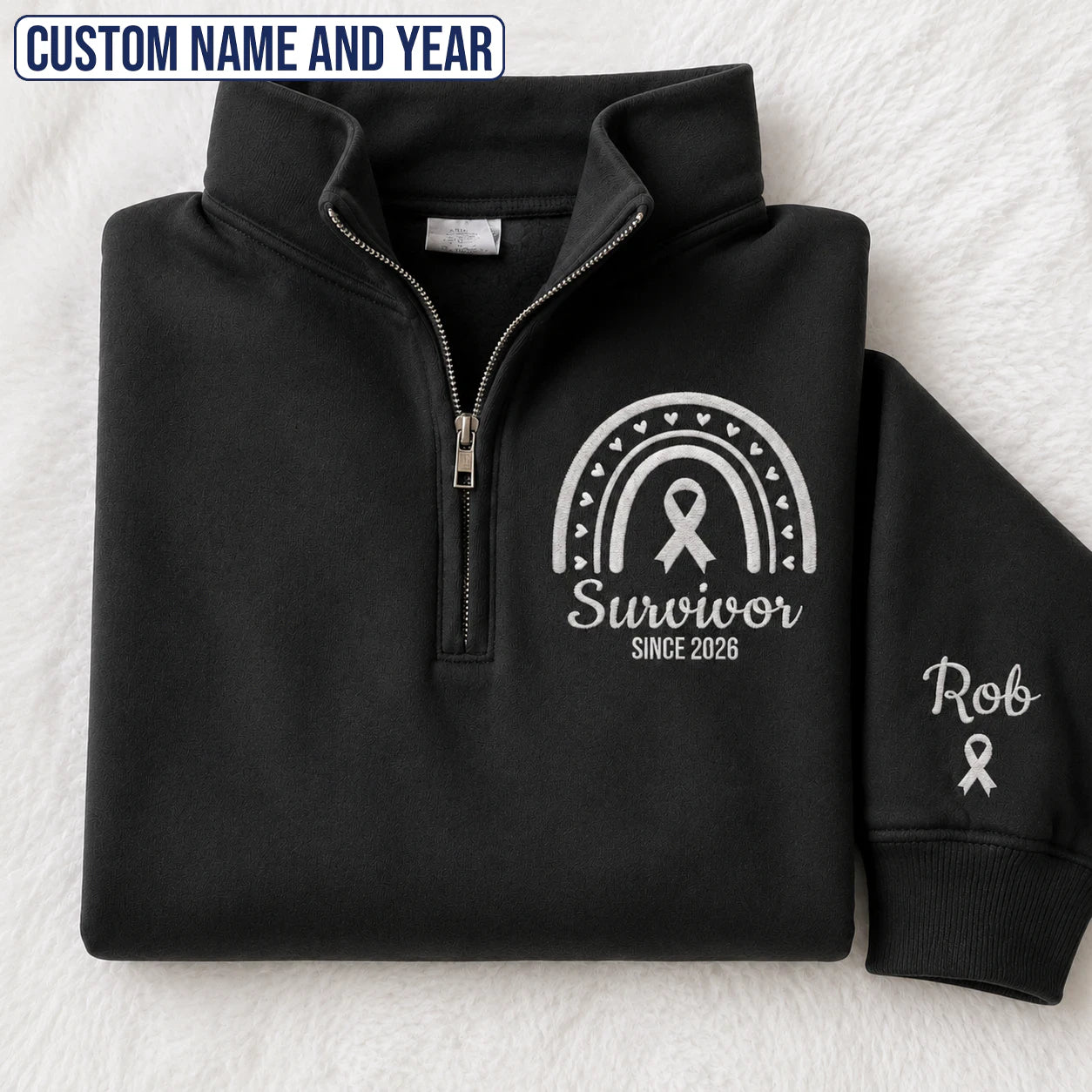 Personalized Pearl White Ribbon Inspired Name & Year Embroidered Unisex Quarter Zip Sweatshirt, Awareness Gift
