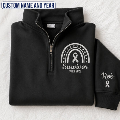 Personalized Pearl White Ribbon Inspired Name & Year Embroidered Unisex Quarter Zip Sweatshirt, Awareness Gift