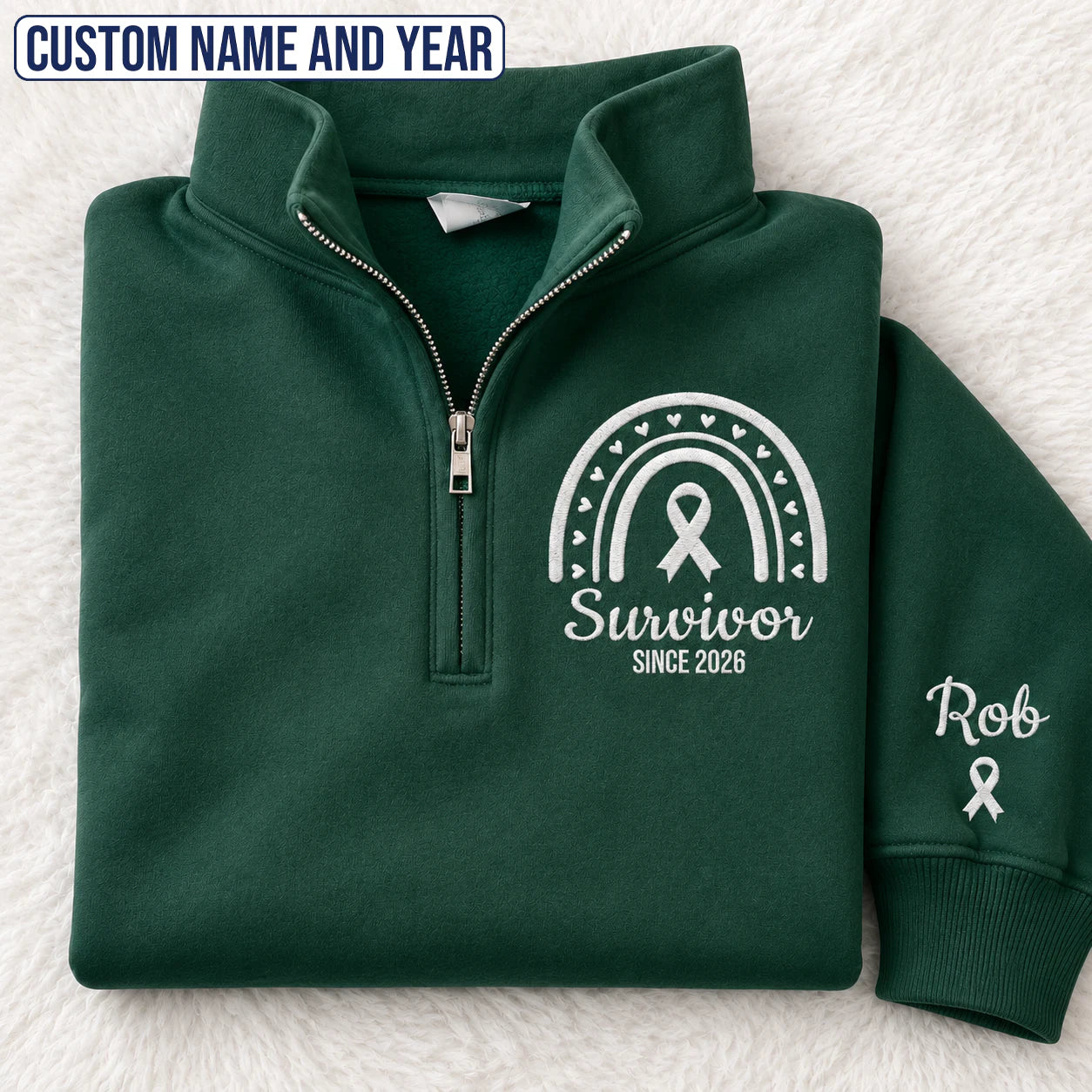 Personalized Pearl White Ribbon Inspired Name & Year Embroidered Unisex Quarter Zip Sweatshirt, Awareness Gift