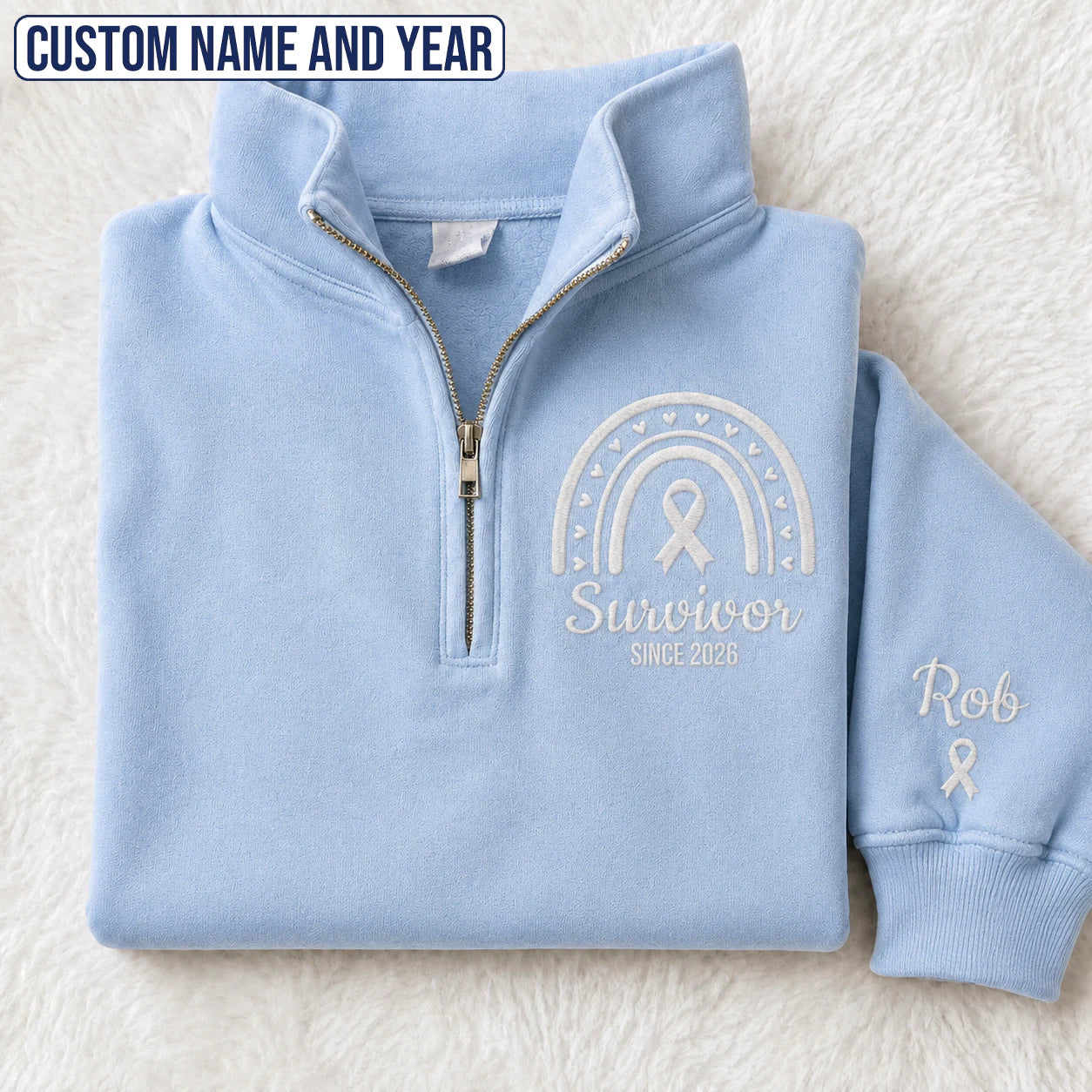 Personalized Pearl White Ribbon Inspired Name & Year Embroidered Unisex Quarter Zip Sweatshirt, Awareness Gift