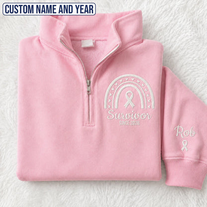 Personalized Pearl White Ribbon Inspired Name & Year Embroidered Unisex Quarter Zip Sweatshirt, Awareness Gift