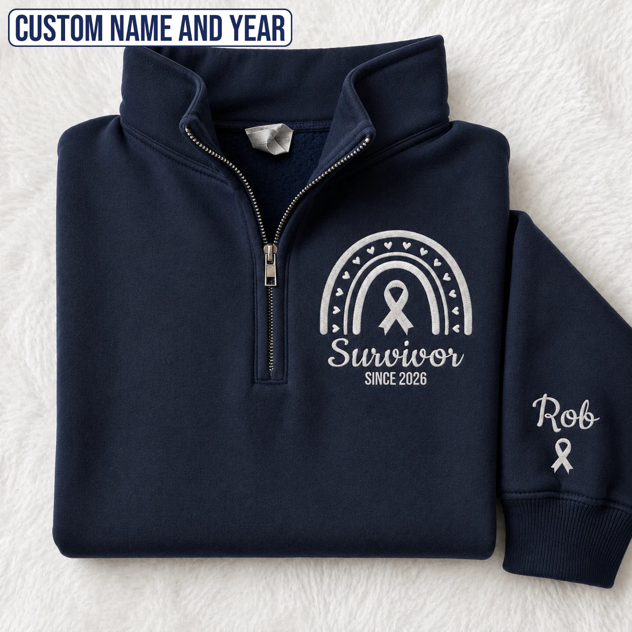 Personalized Pearl White Ribbon Inspired Name & Year Embroidered Unisex Quarter Zip Sweatshirt, Awareness Gift
