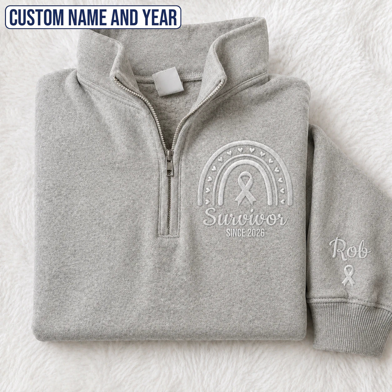 Personalized Pearl White Ribbon Inspired Name & Year Embroidered Unisex Quarter Zip Sweatshirt, Awareness Gift
