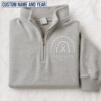 Personalized Pearl White Ribbon Inspired Name & Year Embroidered Unisex Quarter Zip Sweatshirt, Awareness Gift