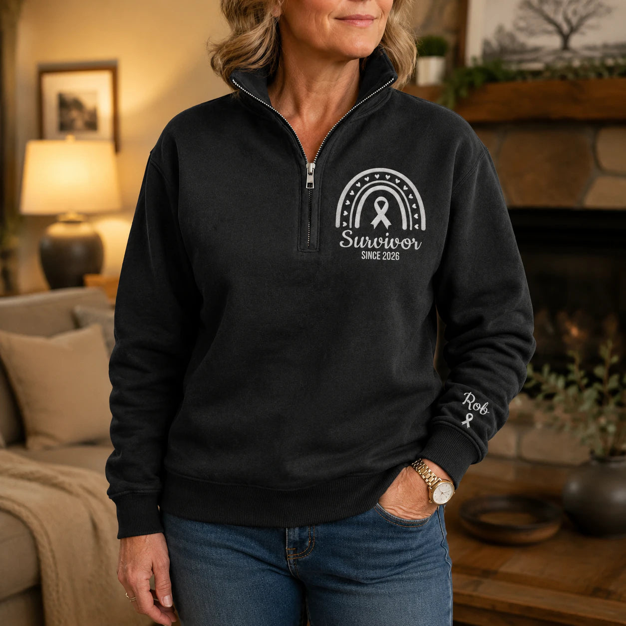 Personalized Pearl White Ribbon Inspired Name & Year Embroidered Unisex Quarter Zip Sweatshirt, Awareness Gift