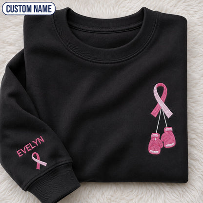 Personalized Pink Ribbon and Boxing Gloves Embroidered Unisex Crewneck Sweatshirt, Awareness Gift