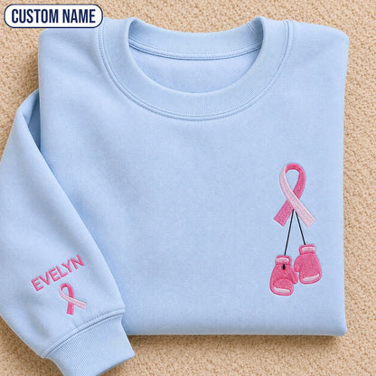 Personalized Pink Ribbon and Boxing Gloves Embroidered Unisex Crewneck Sweatshirt, Awareness Gift