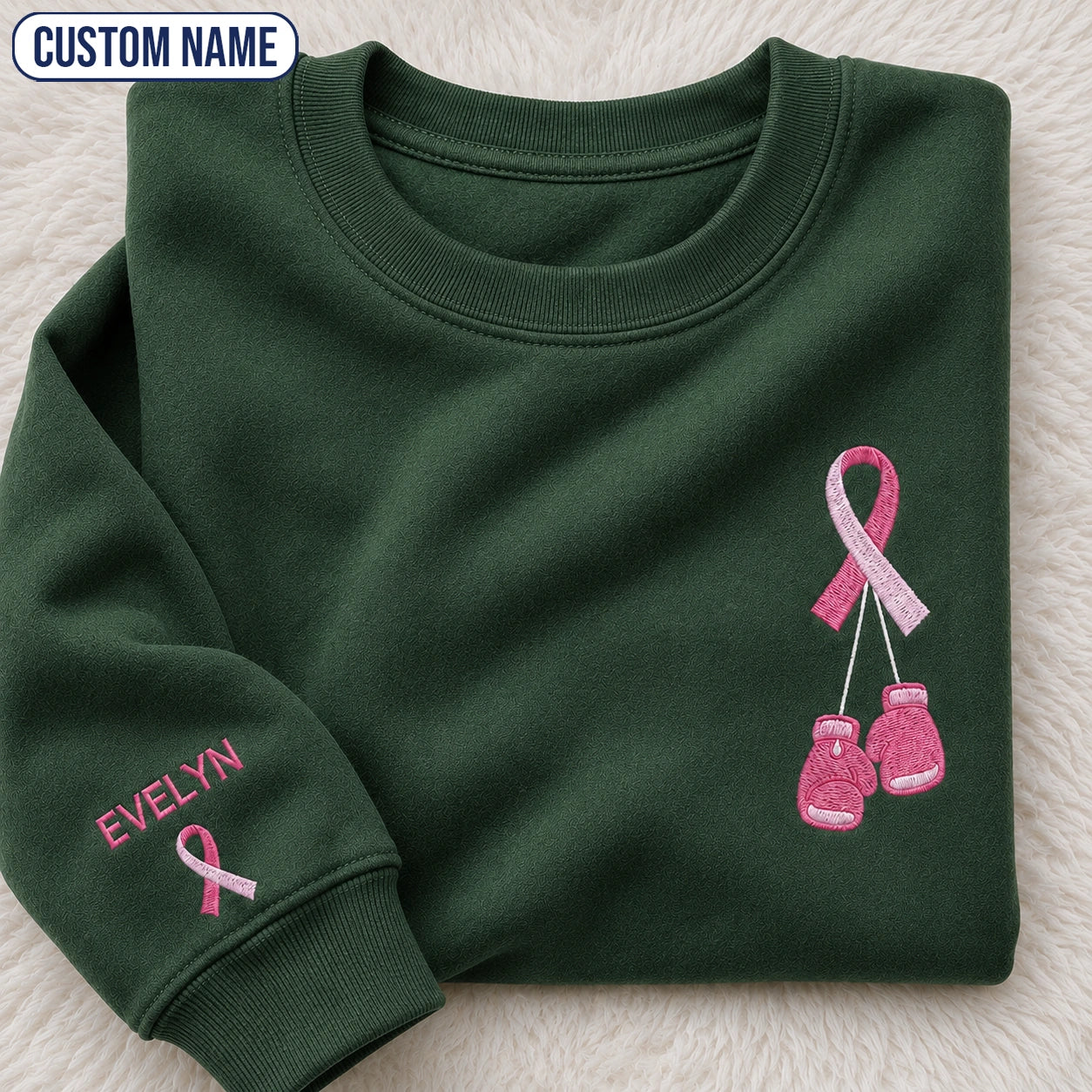 Personalized Pink Ribbon and Boxing Gloves Embroidered Unisex Crewneck Sweatshirt, Awareness Gift
