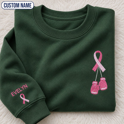 Personalized Pink Ribbon and Boxing Gloves Embroidered Unisex Crewneck Sweatshirt, Awareness Gift