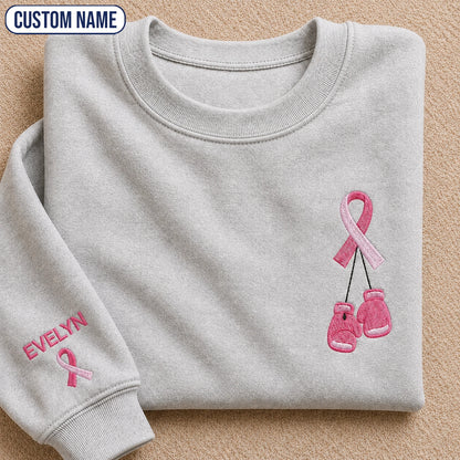 Personalized Pink Ribbon and Boxing Gloves Embroidered Unisex Crewneck Sweatshirt, Awareness Gift