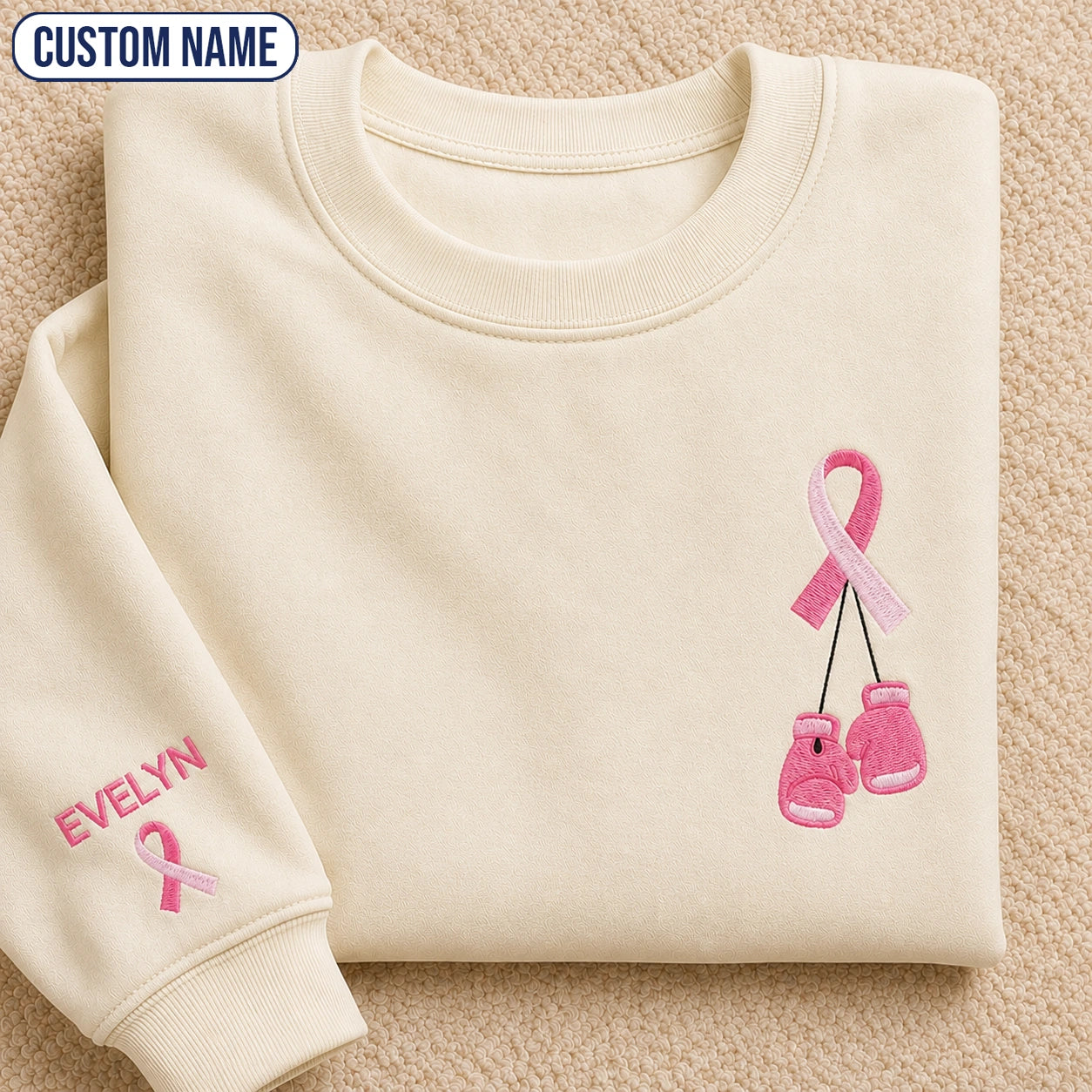 Personalized Pink Ribbon and Boxing Gloves Embroidered Unisex Crewneck Sweatshirt, Awareness Gift