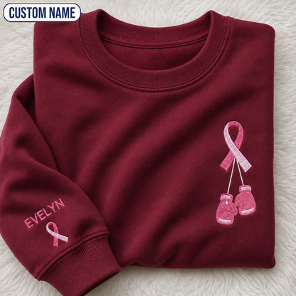 Personalized Pink Ribbon and Boxing Gloves Embroidered Unisex Crewneck Sweatshirt, Awareness Gift