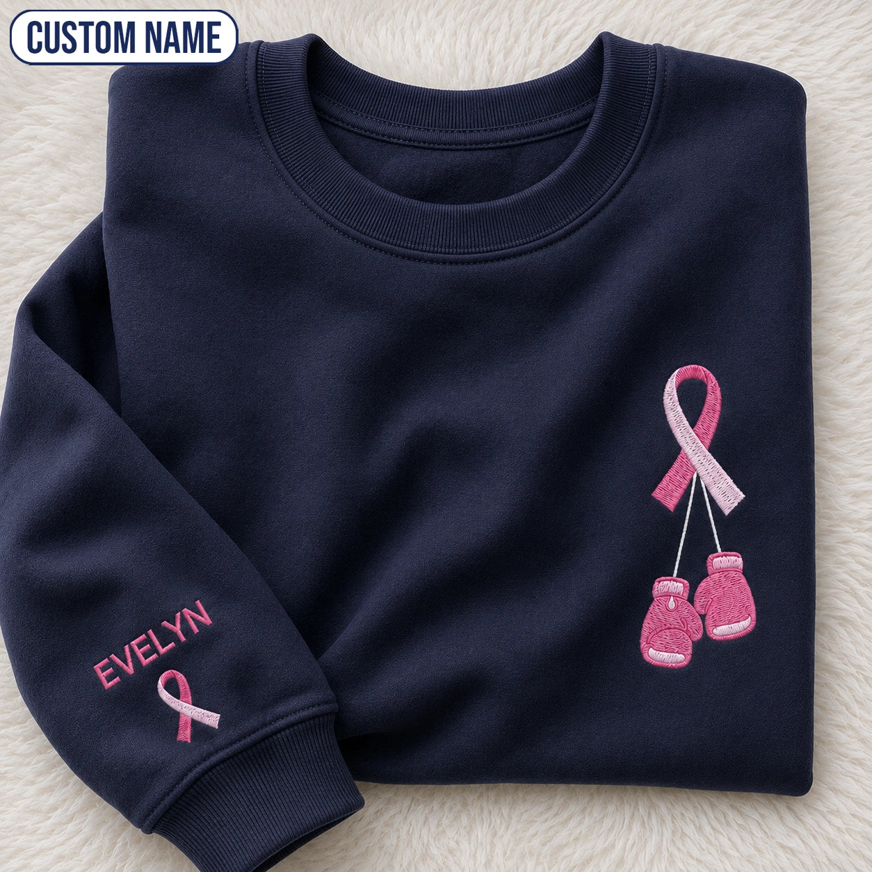 Personalized Pink Ribbon and Boxing Gloves Embroidered Unisex Crewneck Sweatshirt, Awareness Gift