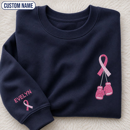 Personalized Pink Ribbon and Boxing Gloves Embroidered Unisex Crewneck Sweatshirt, Awareness Gift