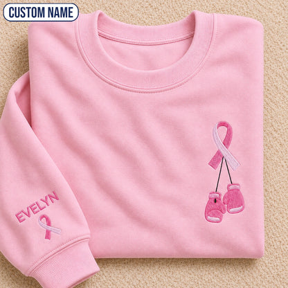 Personalized Pink Ribbon and Boxing Gloves Embroidered Unisex Crewneck Sweatshirt, Awareness Gift
