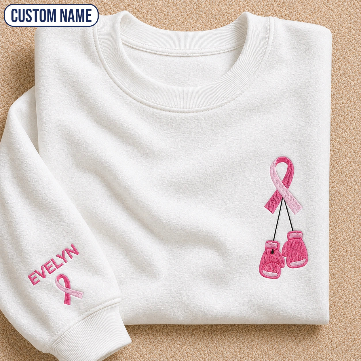 Personalized Pink Ribbon and Boxing Gloves Embroidered Unisex Crewneck Sweatshirt, Awareness Gift