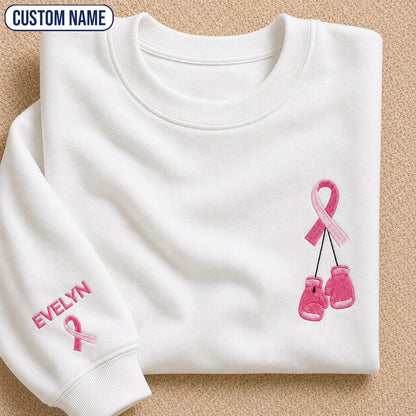 Personalized Pink Ribbon and Boxing Gloves Embroidered Unisex Crewneck Sweatshirt, Awareness Gift