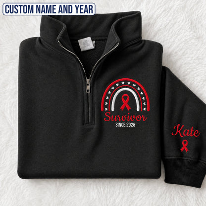 Personalized Red Ribbon Inspired Name & Year Embroidered Unisex Quarter Zip Sweatshirt, Awareness Gift