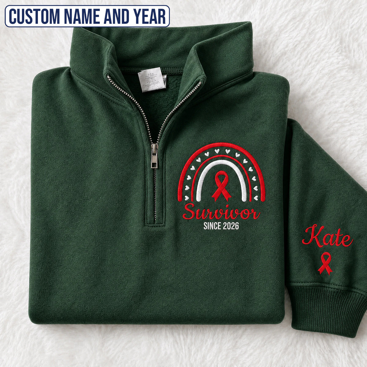 Personalized Red Ribbon Inspired Name & Year Embroidered Unisex Quarter Zip Sweatshirt, Awareness Gift