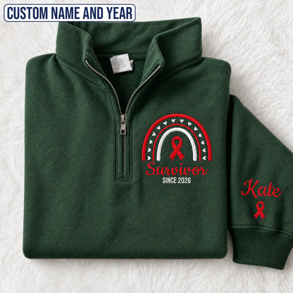Personalized Red Ribbon Inspired Name & Year Embroidered Unisex Quarter Zip Sweatshirt, Awareness Gift