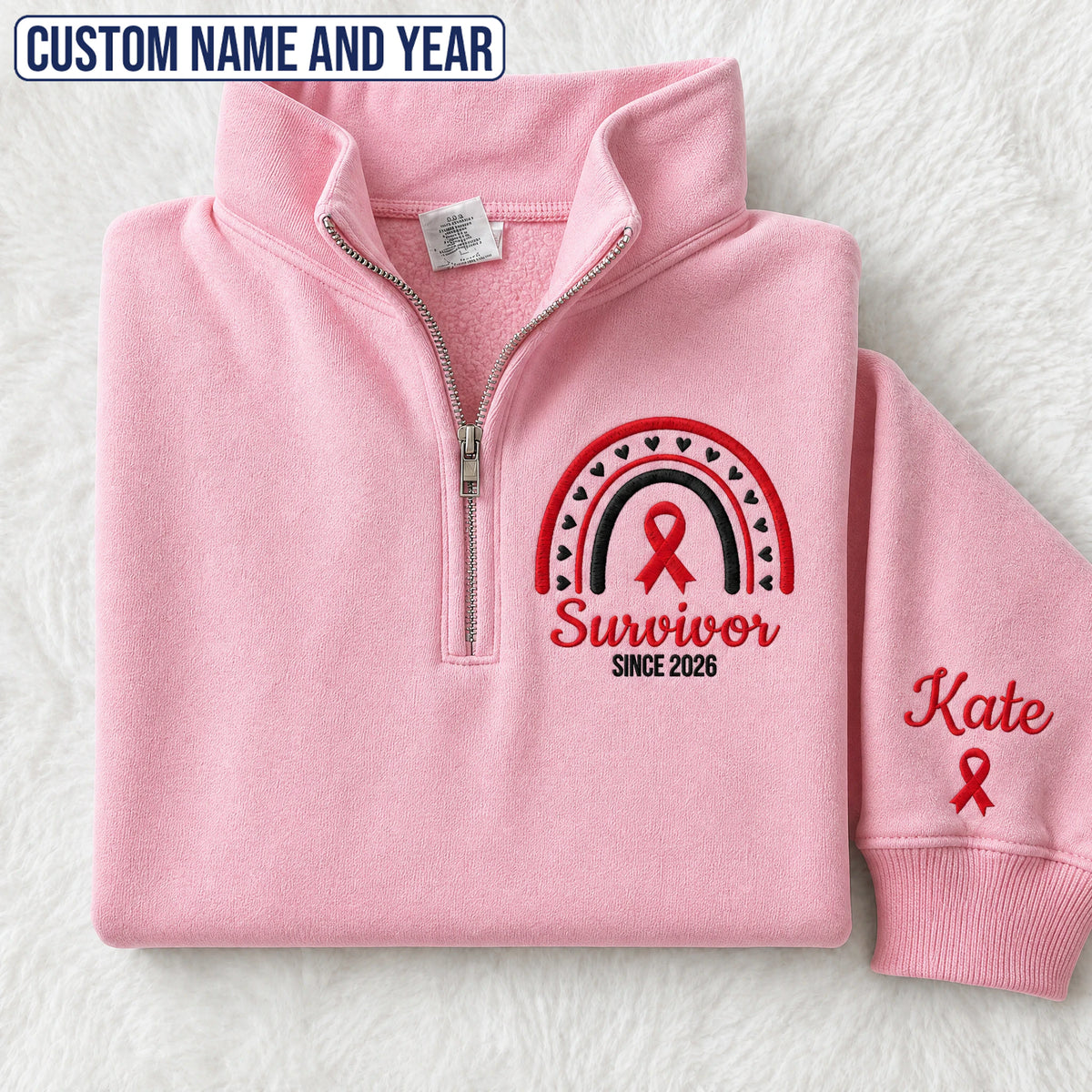 Personalized Red Ribbon Inspired Name & Year Embroidered Unisex Quarter Zip Sweatshirt, Awareness Gift