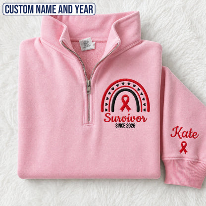 Personalized Red Ribbon Inspired Name & Year Embroidered Unisex Quarter Zip Sweatshirt, Awareness Gift