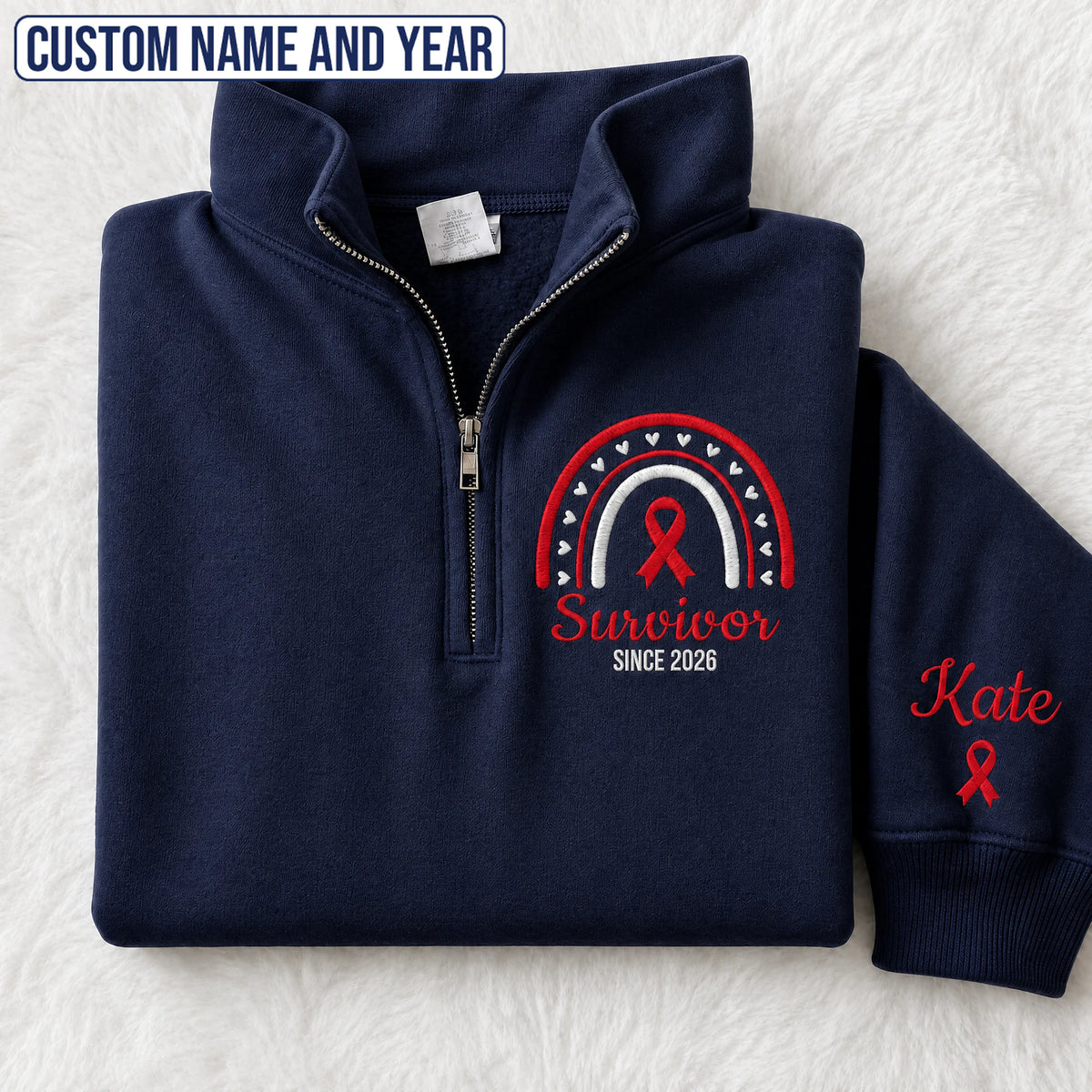 Personalized Red Ribbon Inspired Name & Year Embroidered Unisex Quarter Zip Sweatshirt, Awareness Gift