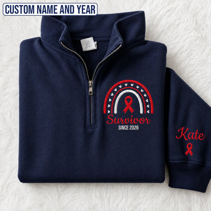 Personalized Red Ribbon Inspired Name & Year Embroidered Unisex Quarter Zip Sweatshirt, Awareness Gift