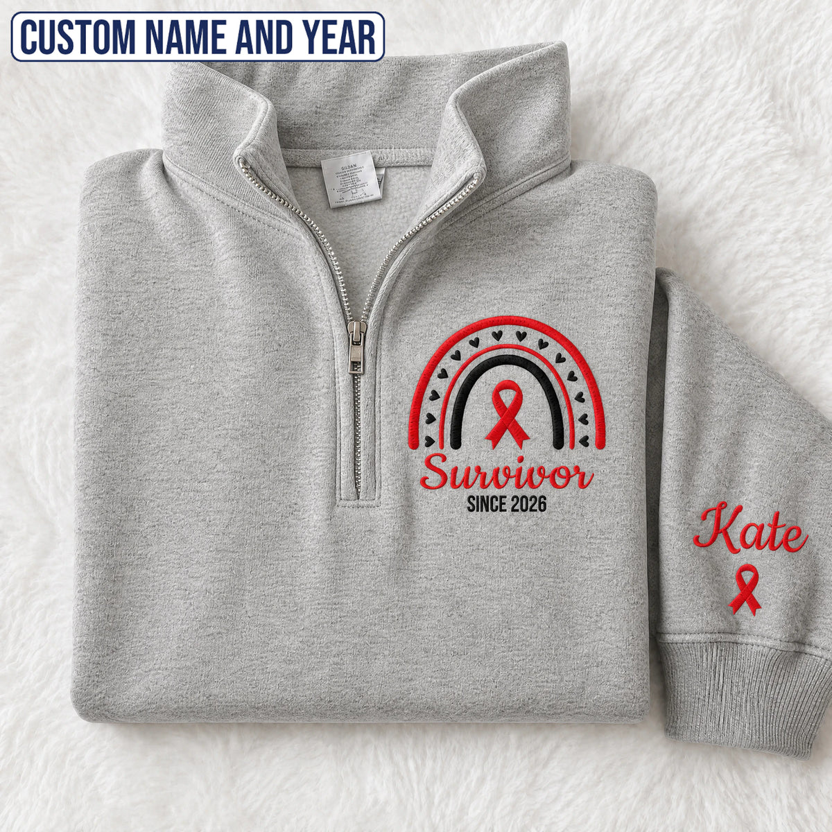 Personalized Red Ribbon Inspired Name & Year Embroidered Unisex Quarter Zip Sweatshirt, Awareness Gift
