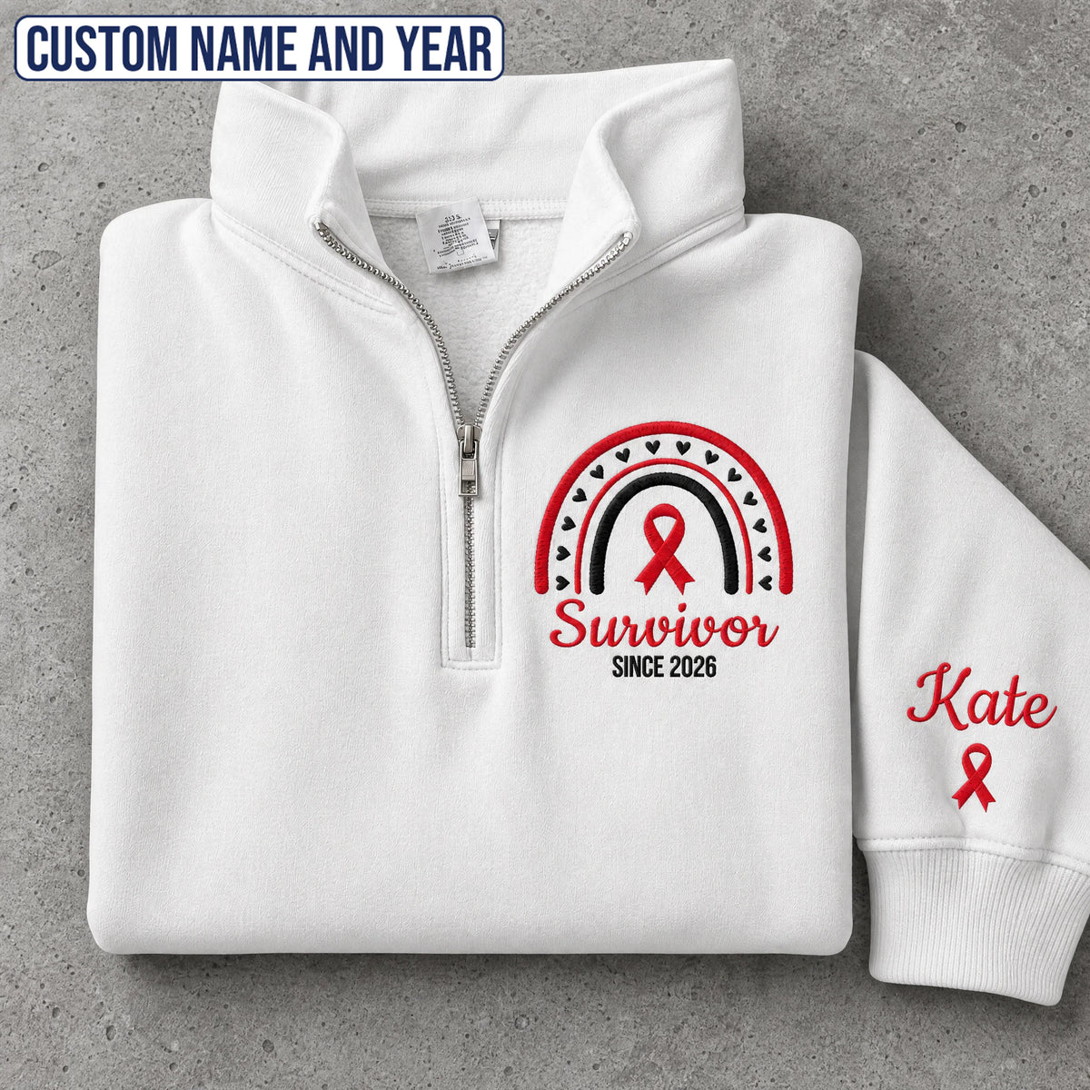 Personalized Red Ribbon Inspired Name & Year Embroidered Unisex Quarter Zip Sweatshirt, Awareness Gift