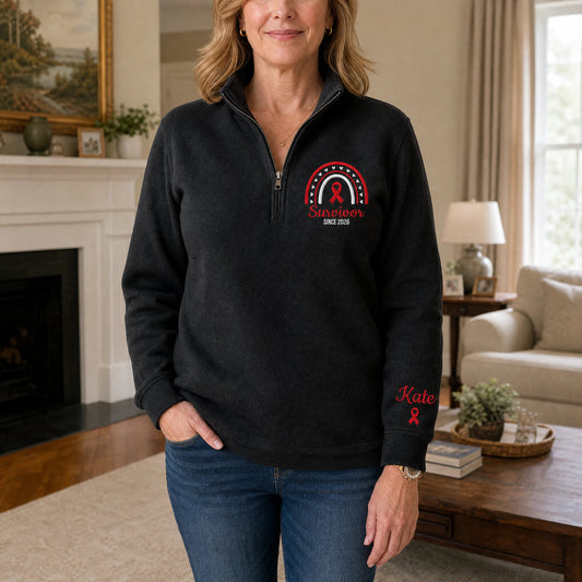 Personalized Red Ribbon Inspired Name & Year Embroidered Unisex Quarter Zip Sweatshirt, Awareness Gift