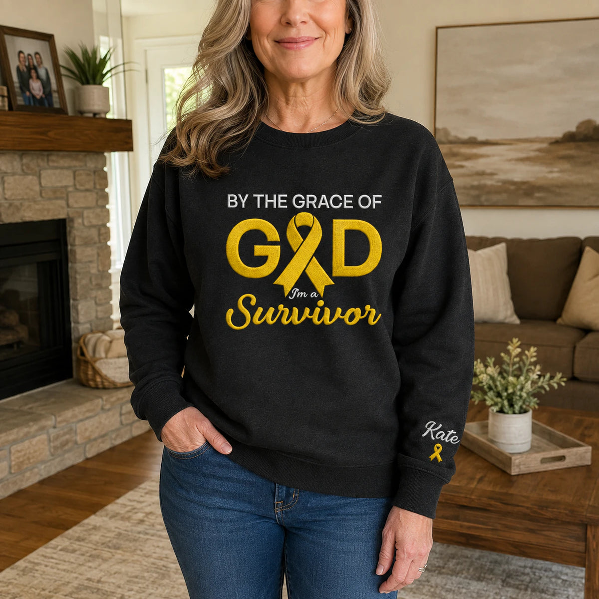 Personalized By the Grace of God Yellow Ribbon Embroidered Unisex Crewneck Sweatshirt