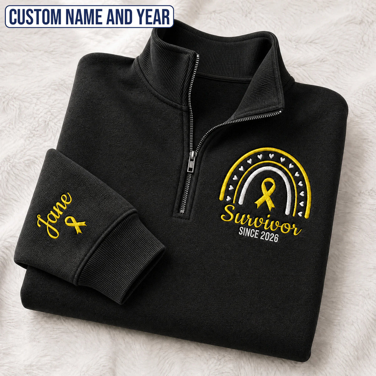 Personalized Yellow Ribbon Inspired Name & Year Embroidered Unisex Quarter Zip Sweatshirt