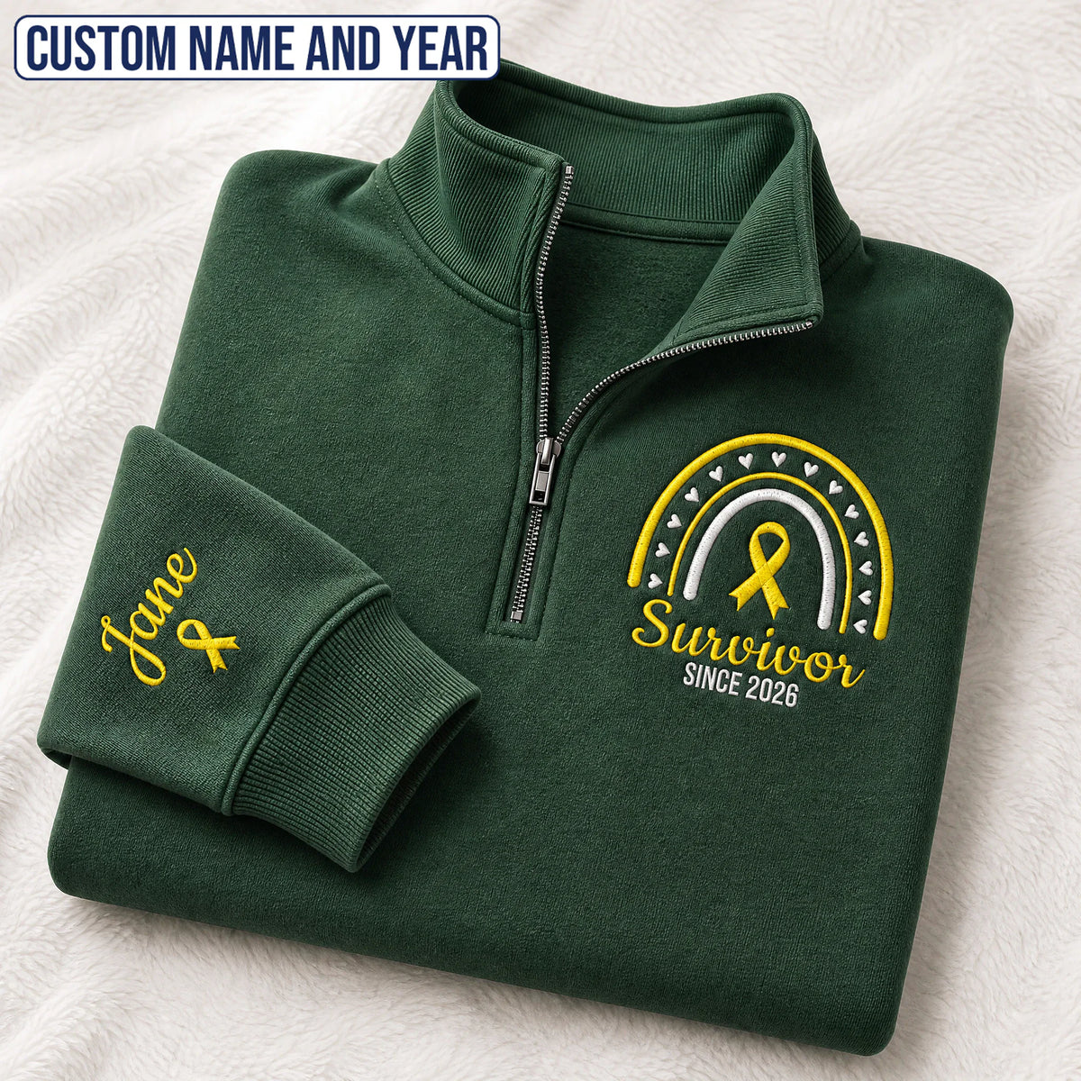 Personalized Yellow Ribbon Inspired Name & Year Embroidered Unisex Quarter Zip Sweatshirt