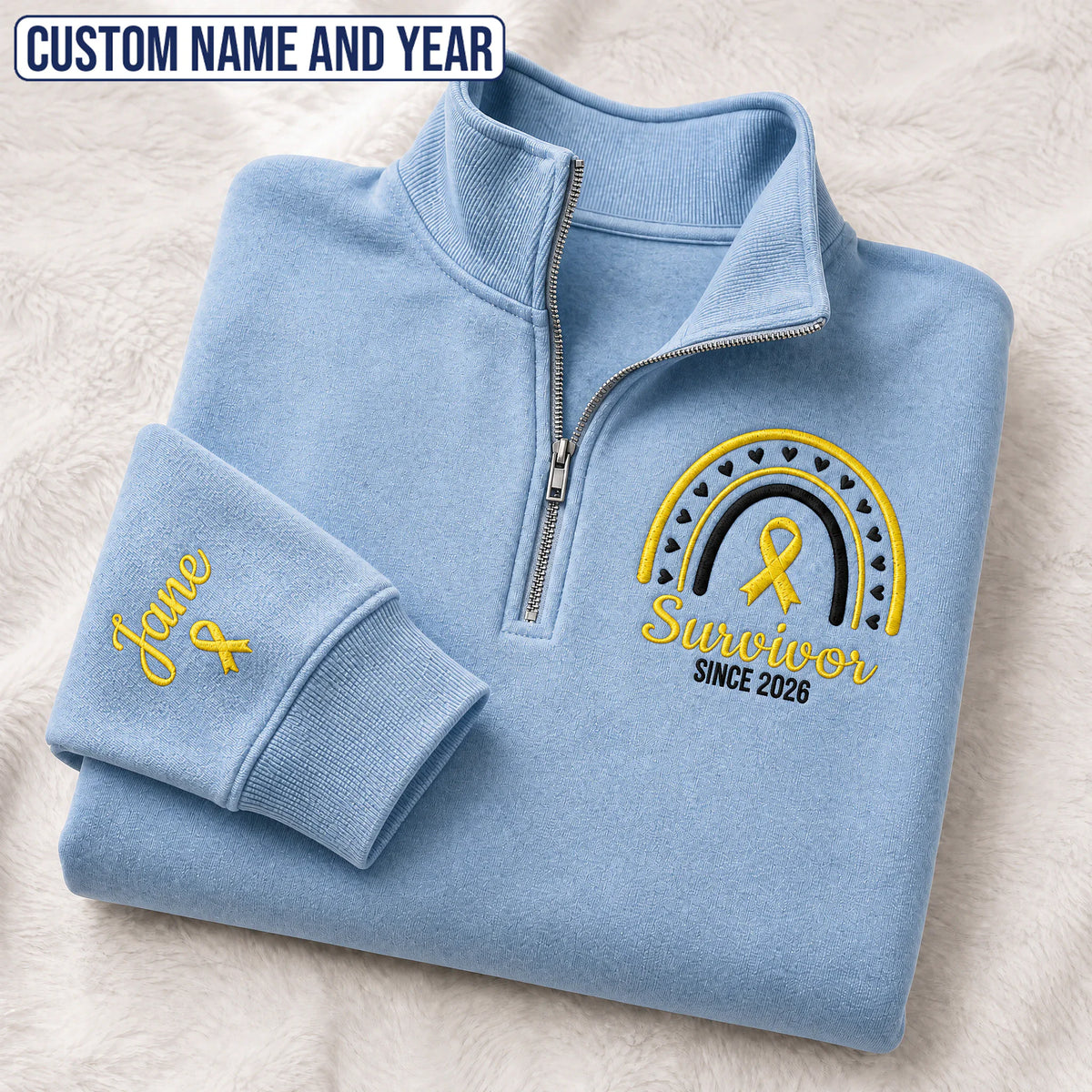 Personalized Yellow Ribbon Inspired Name & Year Embroidered Unisex Quarter Zip Sweatshirt