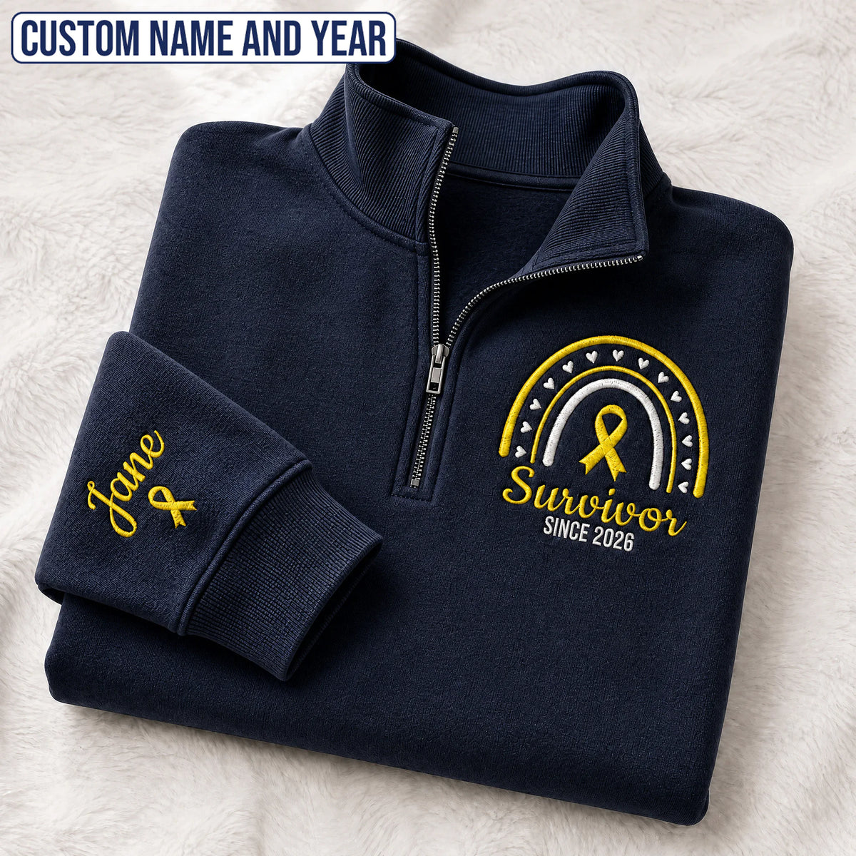 Personalized Yellow Ribbon Inspired Name & Year Embroidered Unisex Quarter Zip Sweatshirt