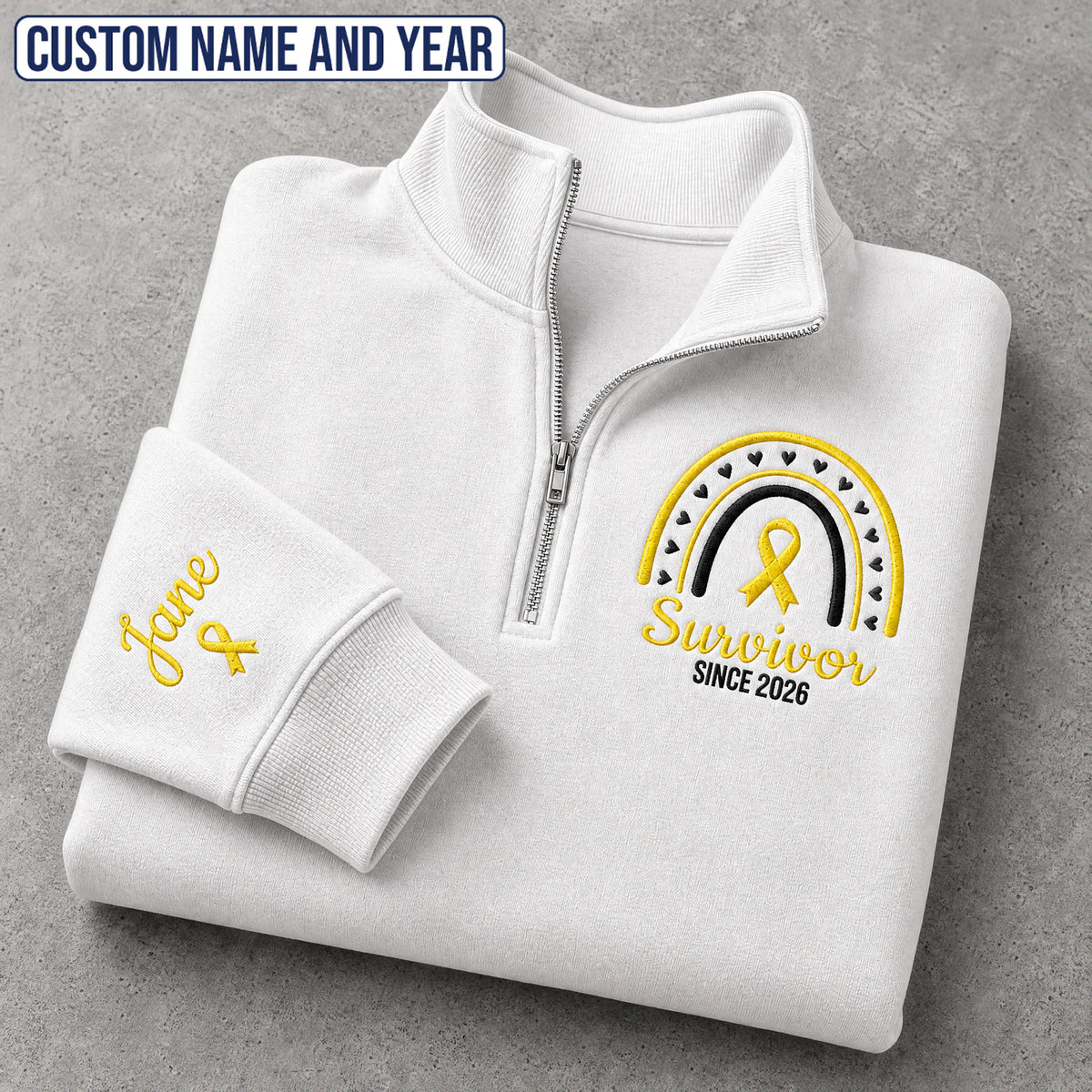 Personalized Yellow Ribbon Inspired Name & Year Embroidered Unisex Quarter Zip Sweatshirt