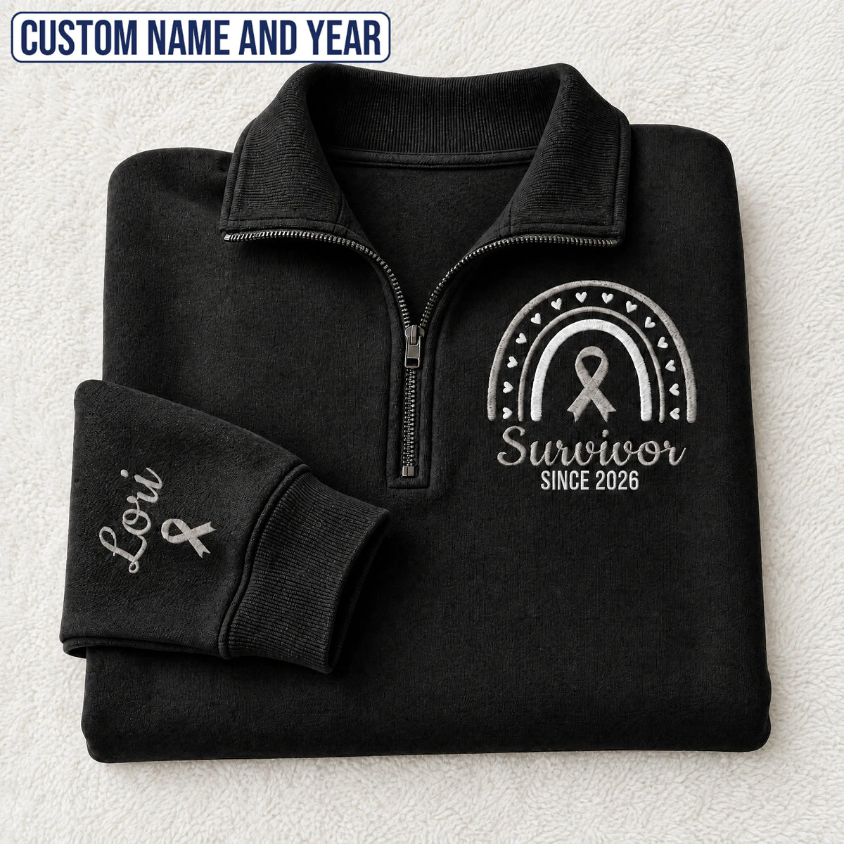 Personalized Gray Ribbon Inspired Name & Year Embroidered Unisex Quarter Zip Sweatshirt