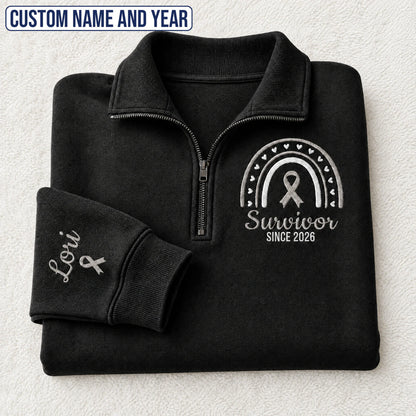 Personalized Gray Ribbon Inspired Name & Year Embroidered Unisex Quarter Zip Sweatshirt
