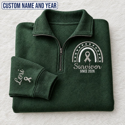 Personalized Gray Ribbon Inspired Name & Year Embroidered Unisex Quarter Zip Sweatshirt