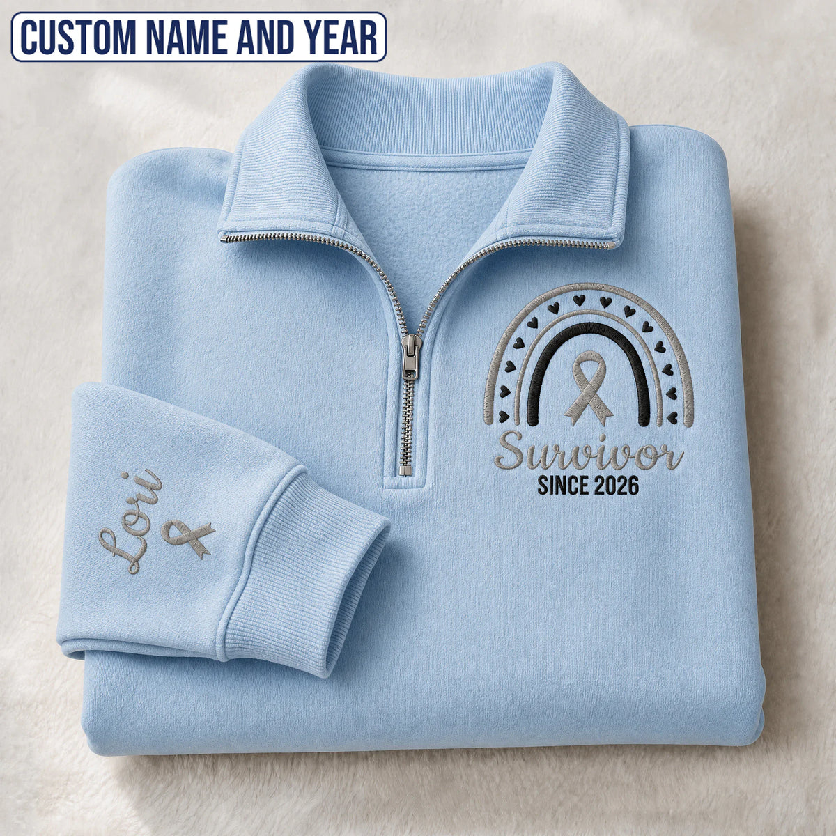 Personalized Gray Ribbon Inspired Name & Year Embroidered Unisex Quarter Zip Sweatshirt