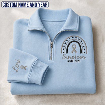 Personalized Gray Ribbon Inspired Name & Year Embroidered Unisex Quarter Zip Sweatshirt