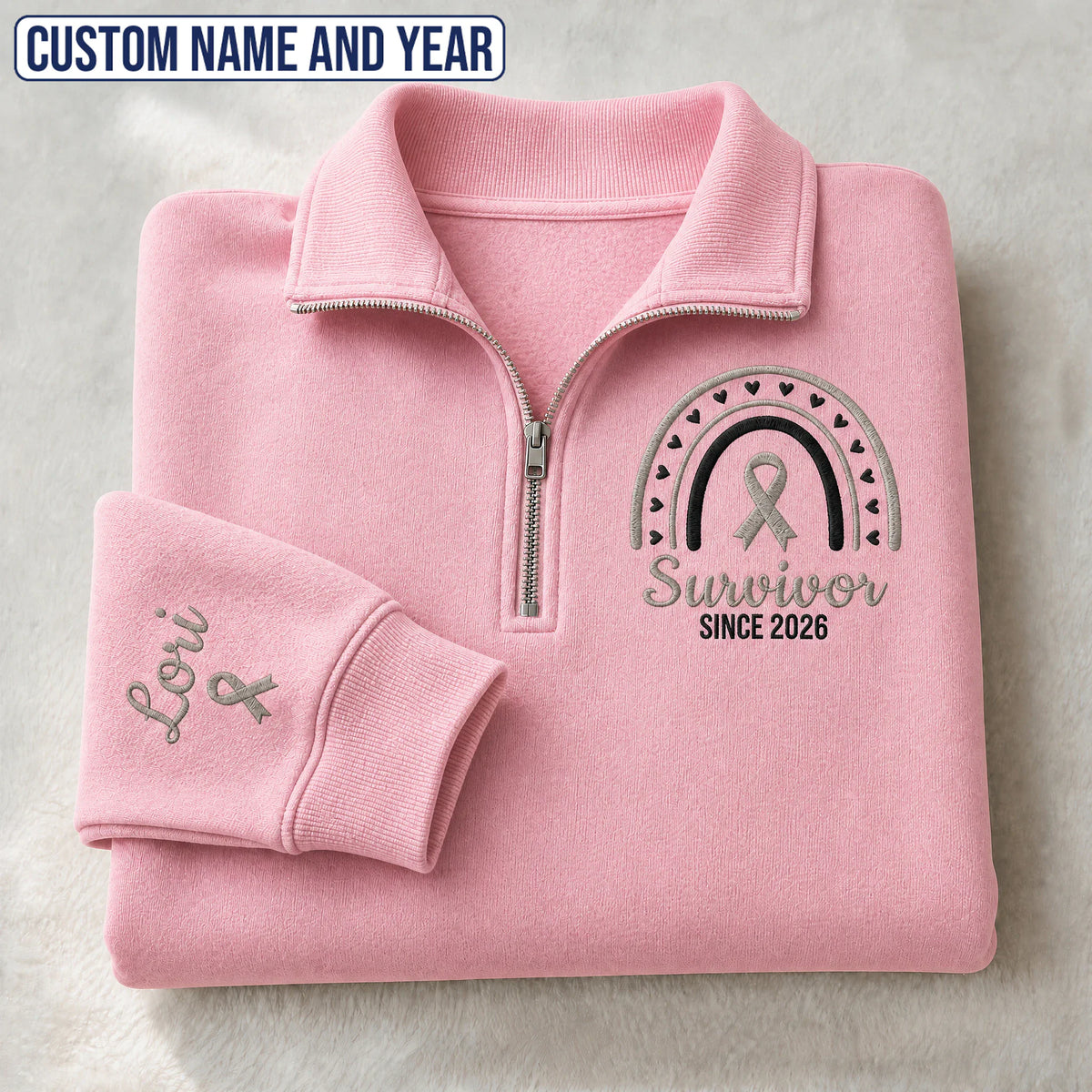 Personalized Gray Ribbon Inspired Name & Year Embroidered Unisex Quarter Zip Sweatshirt