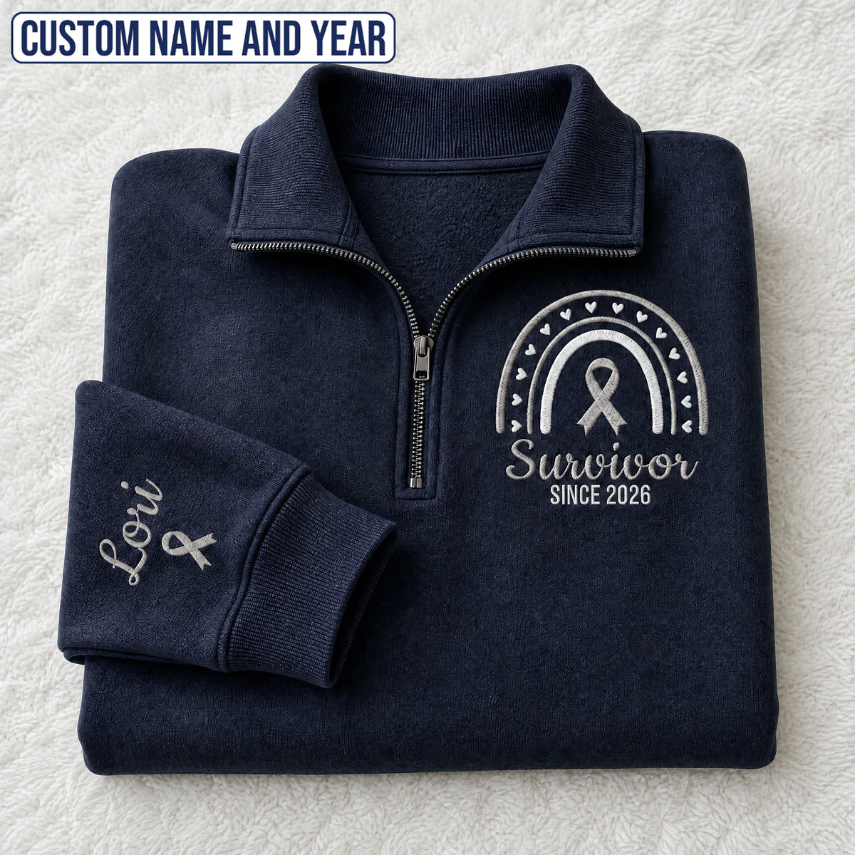 Personalized Gray Ribbon Inspired Name & Year Embroidered Unisex Quarter Zip Sweatshirt