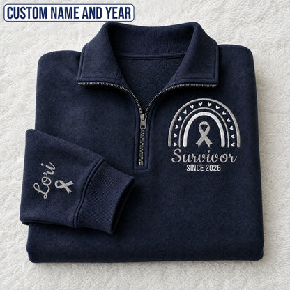 Personalized Gray Ribbon Inspired Name & Year Embroidered Unisex Quarter Zip Sweatshirt