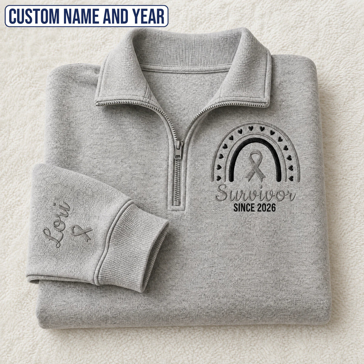 Personalized Gray Ribbon Inspired Name & Year Embroidered Unisex Quarter Zip Sweatshirt