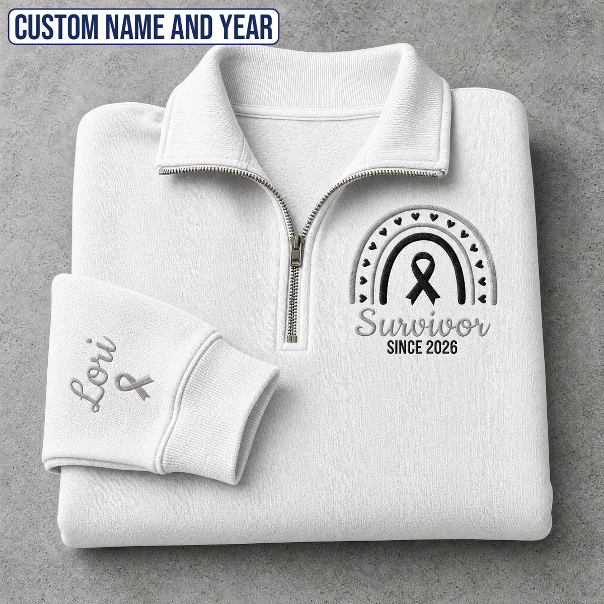Personalized Gray Ribbon Inspired Name & Year Embroidered Unisex Quarter Zip Sweatshirt