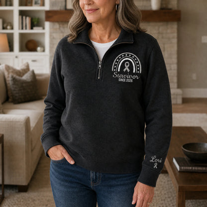Personalized Gray Ribbon Inspired Name & Year Embroidered Unisex Quarter Zip Sweatshirt